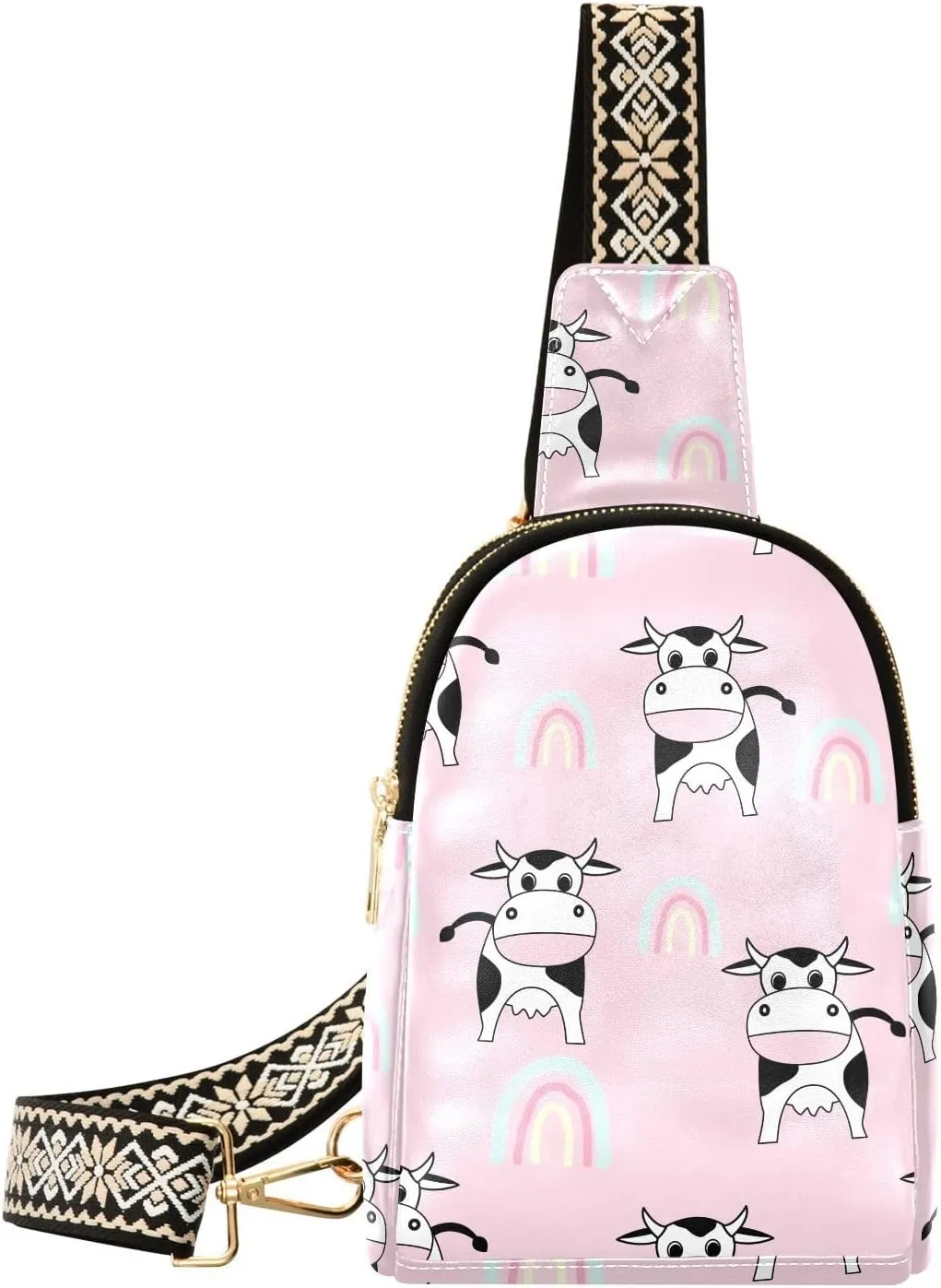 Small Sling Bag for Women Cute with Little Cows PC Leather Fanny Pack Crossbody Pink Fashion Waist Packs Chest Bag for Travel Sports Running Hiking