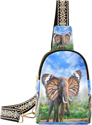 Small Sling Bag for Women Funny Elephant Butterfly Wings PC Leather Fanny Pack Crossbody Green Summer Fashion Waist Packs Chest Bag for Travel Sports Running Hiking