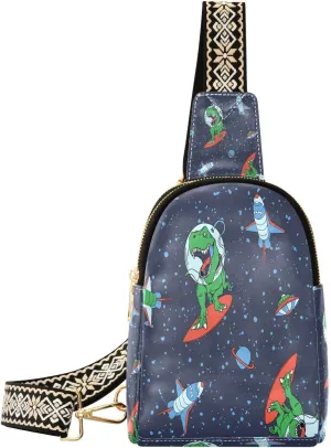 Small Sling Bag for Women Outer Space Dinosaur PC Leather Fanny Pack Crossbody Cartoon Fashion Waist Packs Chest Bag for Travel Sports Running Hiking