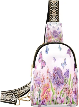 Small Sling Bag for Women Purple Butterfly Floral PC Leather Fanny Pack Crossbody Spring Flowers Fashion Waist Packs Chest Bag for Travel Sports Running Hiking