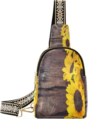 Small Sling Bag for Women Sunflowers PC Leather Fanny Pack Crossbody Retro Wood Fashion Waist Packs Chest Bag for Travel Sports Running Hiking