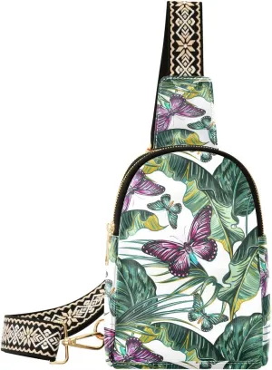 Small Sling Bag for Women Tropical Leaves Butterfly PC Leather Fanny Pack Crossbody Vintage Fashion Waist Packs Chest Bag for Travel Sports Running Hiking