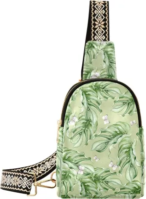 Small Sling Bag for Women Watercolor Tropical Leaves PC Leather Fanny Pack Crossbody Butterfly Fashion Waist Packs Chest Bag for Travel Sports Running Hiking