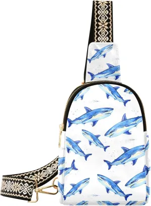 Small Sling Bag for Women Watercolor White Shark PC Leather Fanny Pack Crossbody Fashion Waist Packs Chest Bag for Travel Sports Running Hiking