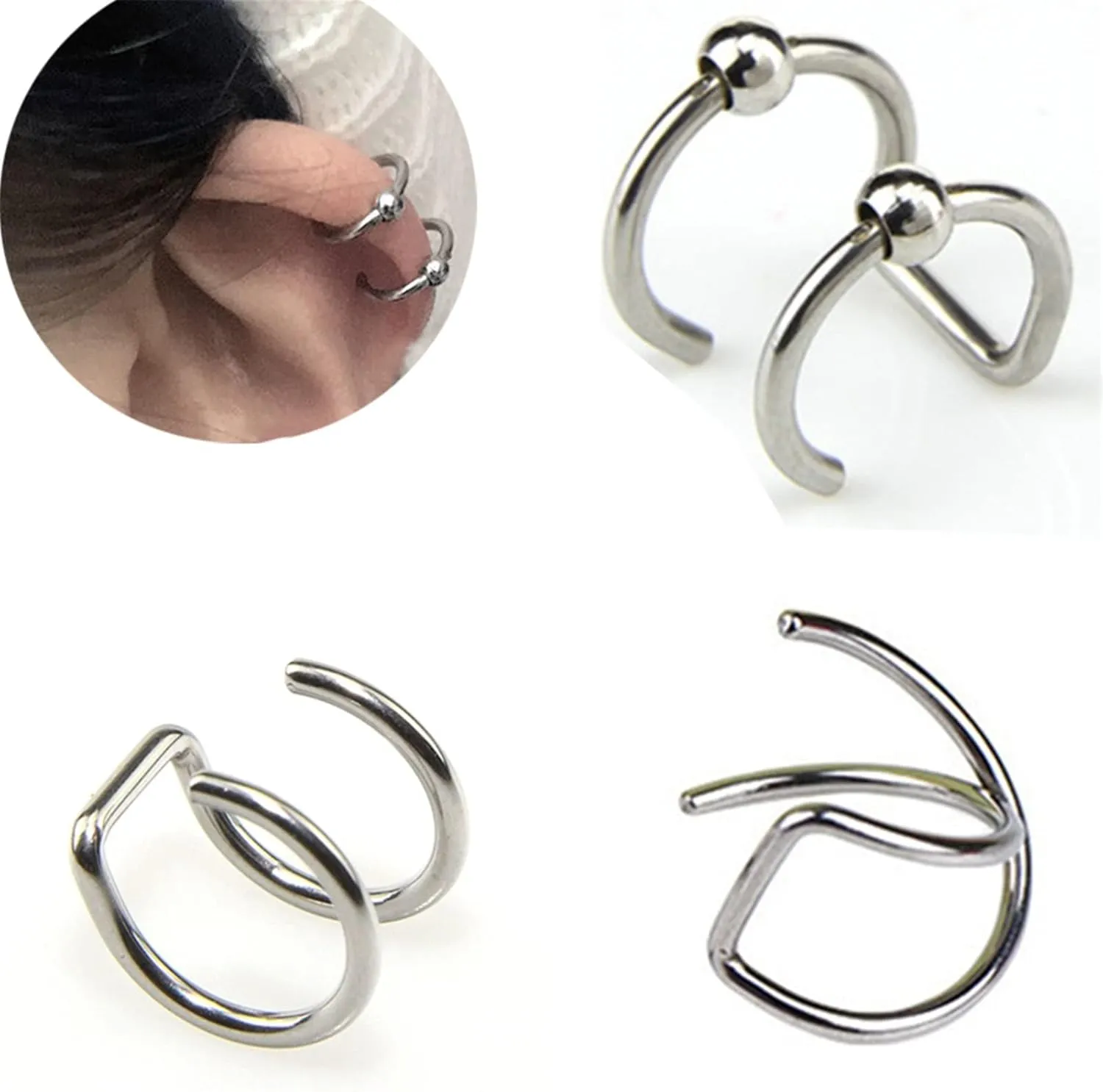 SMDSAZ 10pc Fashion Stainless Steel Punk Rock Ear Clip Cuff Wrap Earrings No PiercingClip On Cartilage Wrap Fake Earring (Metal Color : C)