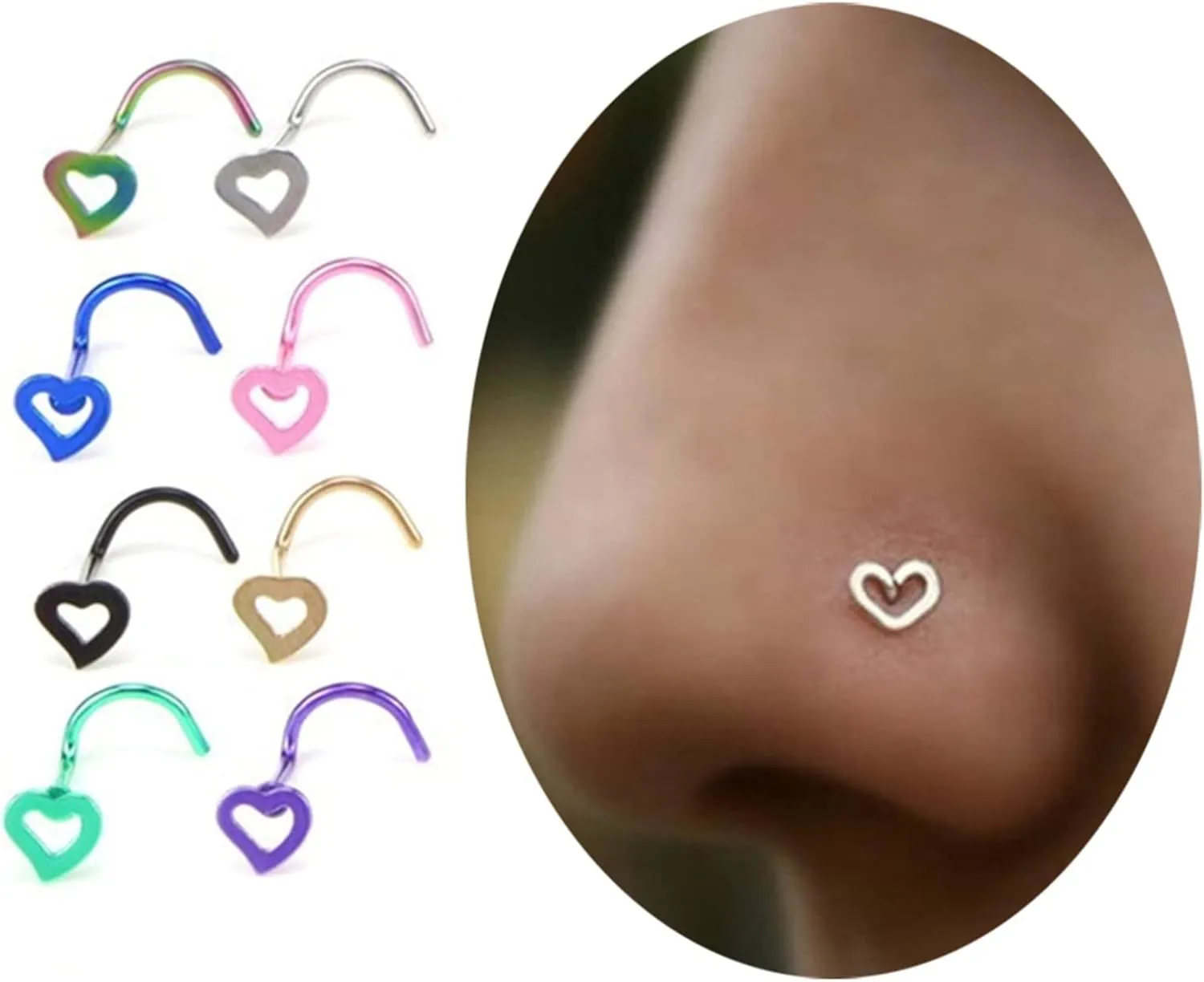 SMDSAZ 3 Piece Stainless Steel Hollow Heart Shape Nose Studs Hooks Bar Pin Nose Ring Body Piercing Jewelry for Women (Metal Color : Gold)