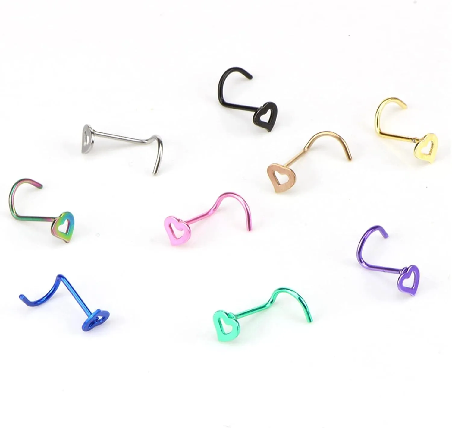 SMDSAZ 3 Piece Stainless Steel Hollow Heart Shape Nose Studs Hooks Bar Pin Nose Ring Body Piercing Jewelry for Women (Metal Color : Gold)