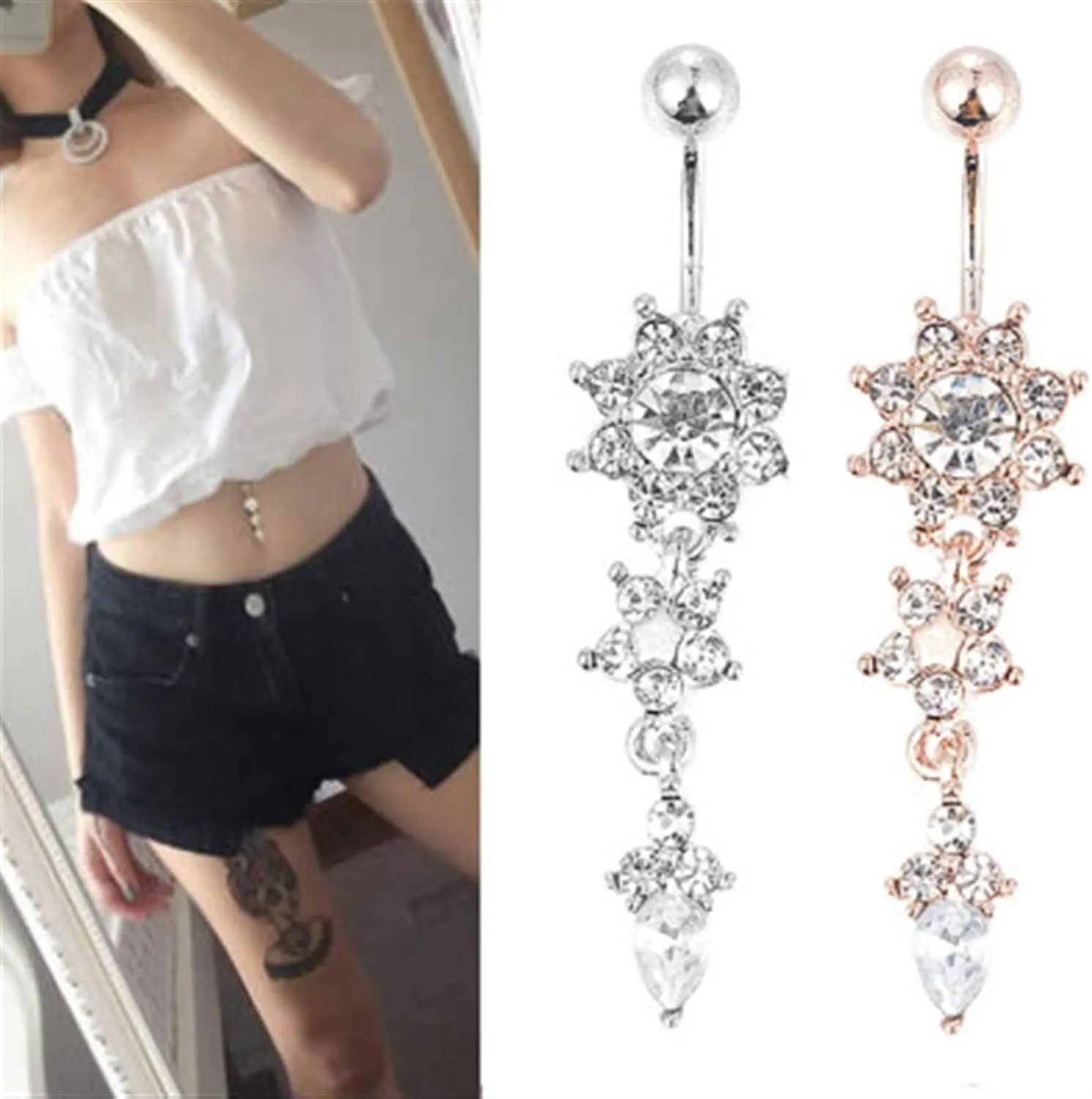 SMDSAZ Crystal Belly Button Ring Barbell Dangle Pendant Body Piercing Belly Button Buckle Men Women Body Jewelry (Metal Color : Blue)