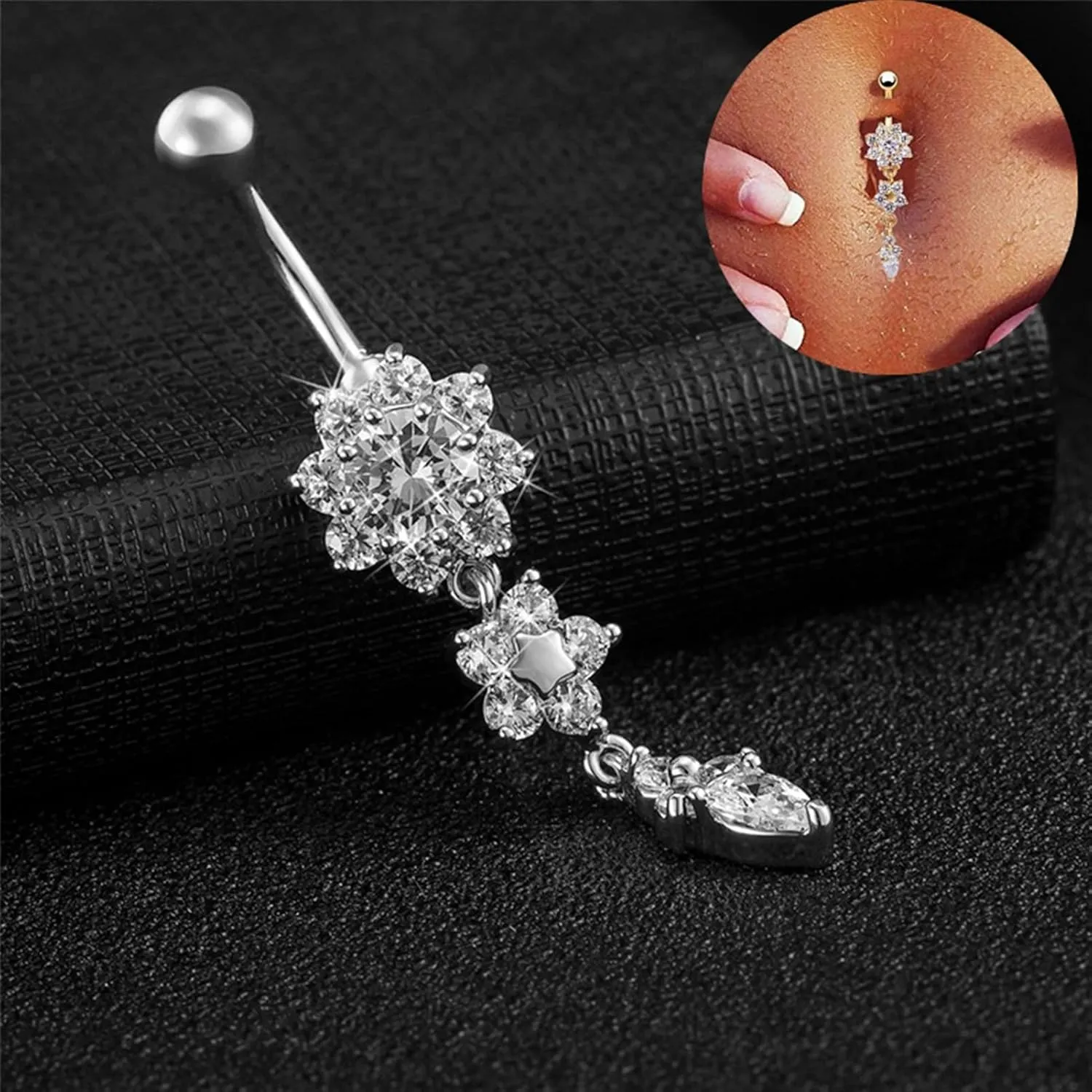 SMDSAZ Crystal Belly Button Ring Barbell Dangle Pendant Body Piercing Belly Button Buckle Men Women Body Jewelry (Metal Color : Blue)
