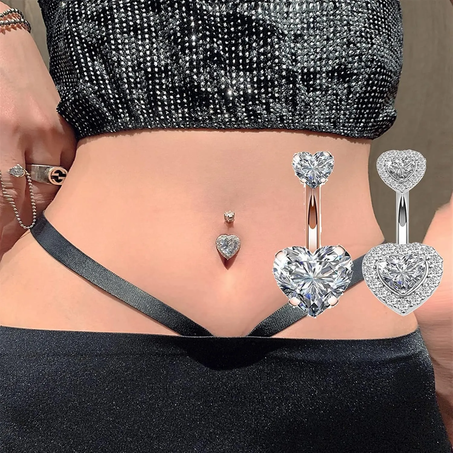 SMDSAZ Zircon Crystal Belly Button Rings for Women Navel Ring Surgical Steel Barbell Heart Round Body Piercing Jewelry (Metal Color : Rose Gold 2)