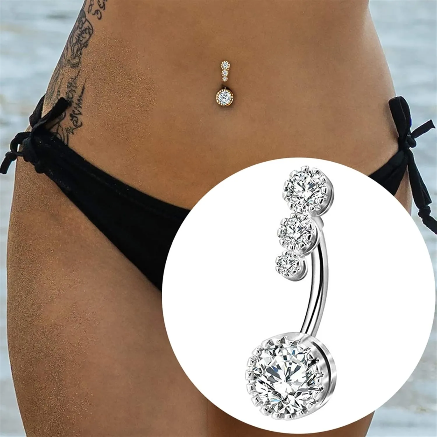 SMDSAZ Zircon Crystal Belly Button Rings for Women Navel Ring Surgical Steel Barbell Heart Round Body Piercing Jewelry (Metal Color : Rose Gold 2)