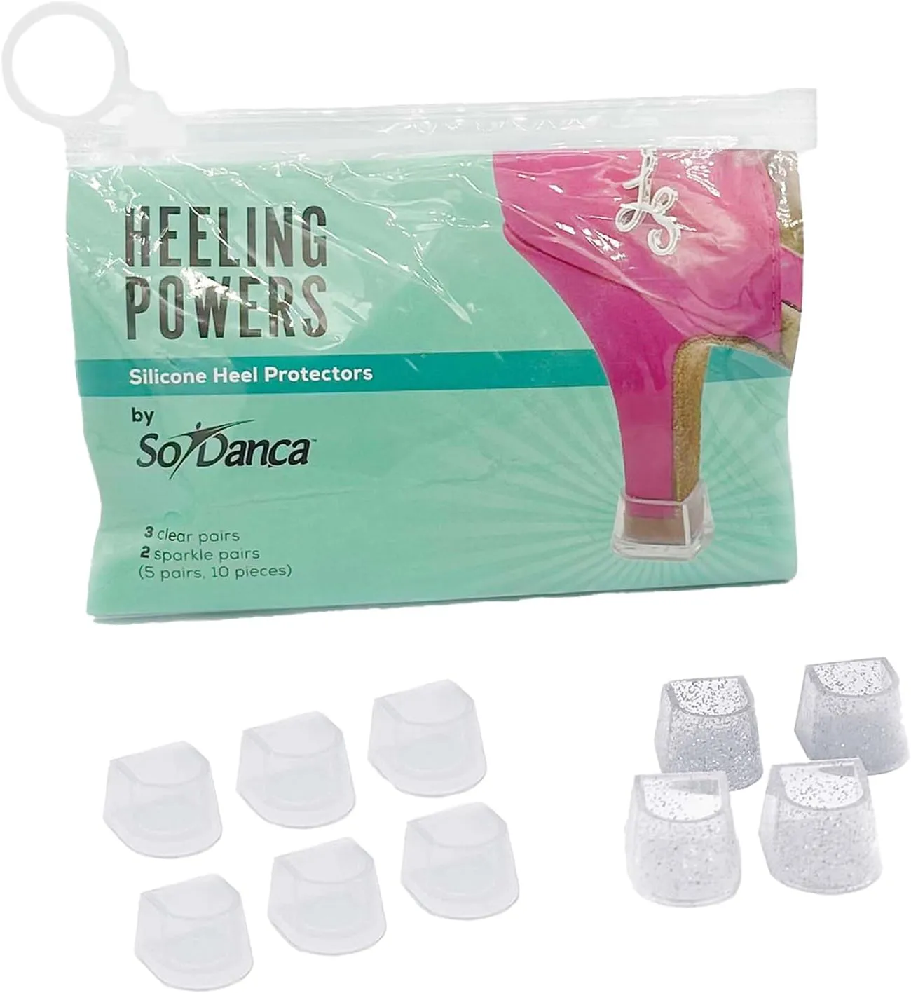 SoDanca Silicone Heel Protectors for Ballroom Shoes, 3 Clear Pairs, 2 Sparkle Pairs