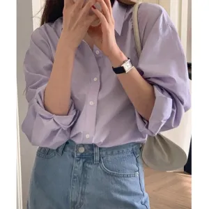Spring Purple Women Shirt Korean Style Solid Color Drop Sleeves Loose Chic Fashion Female Shirts Simple Casual Shirts
