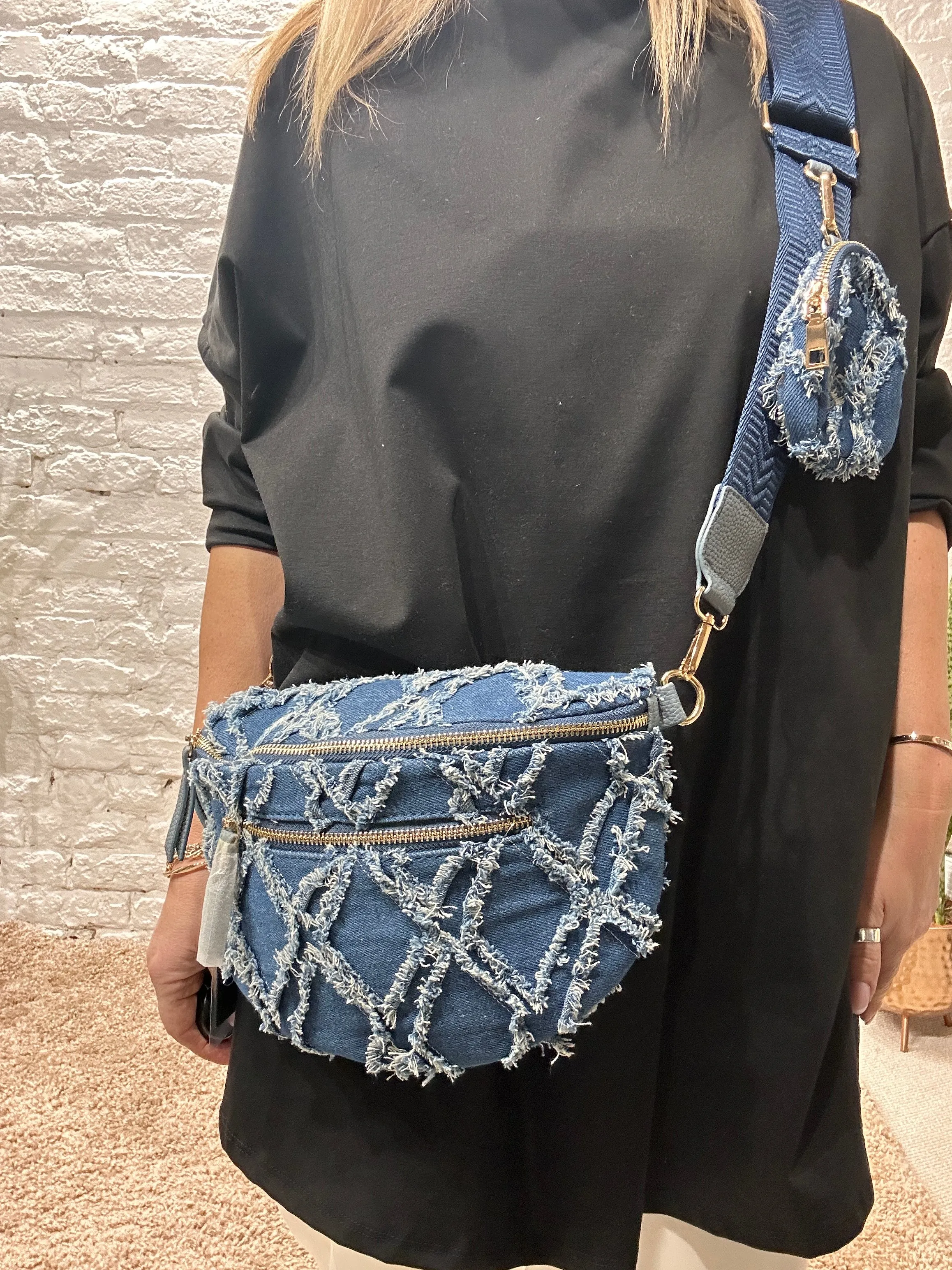 Stressed Denim Dyed  Pouch Cross Body Bag With Changeable Strap
