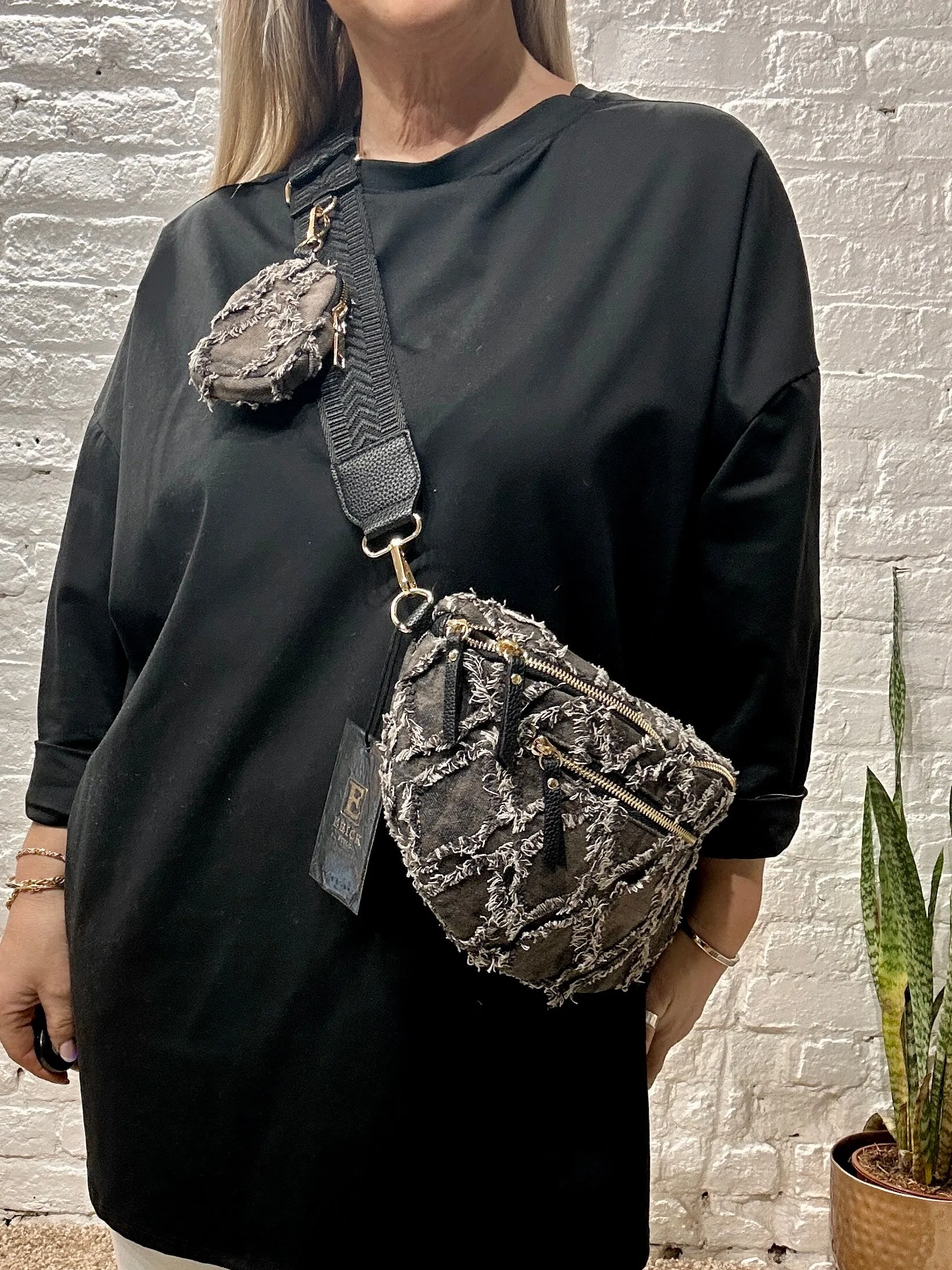 Stressed Denim Dyed  Pouch Cross Body Bag With Changeable Strap