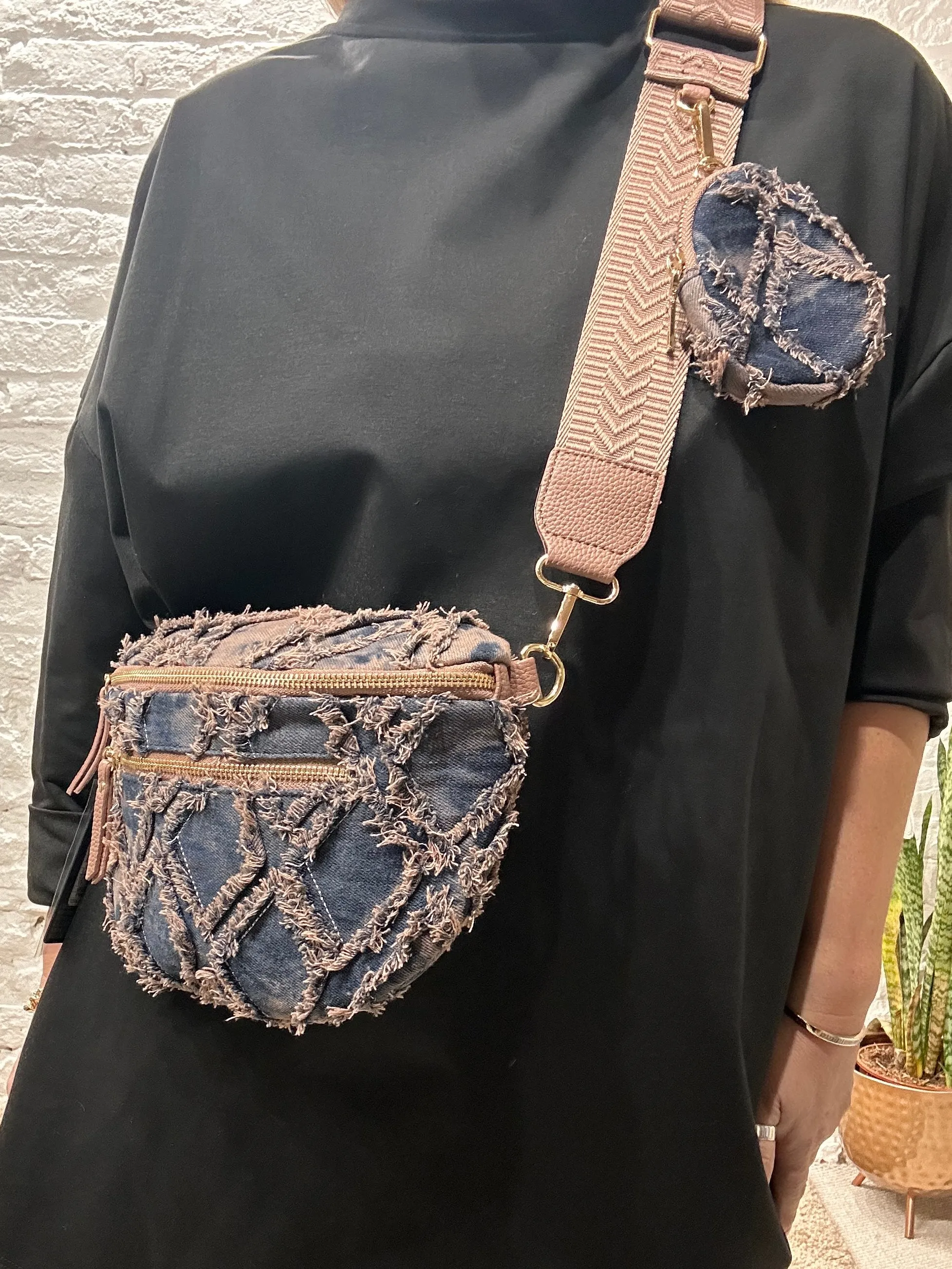 Stressed Denim Dyed  Pouch Cross Body Bag With Changeable Strap