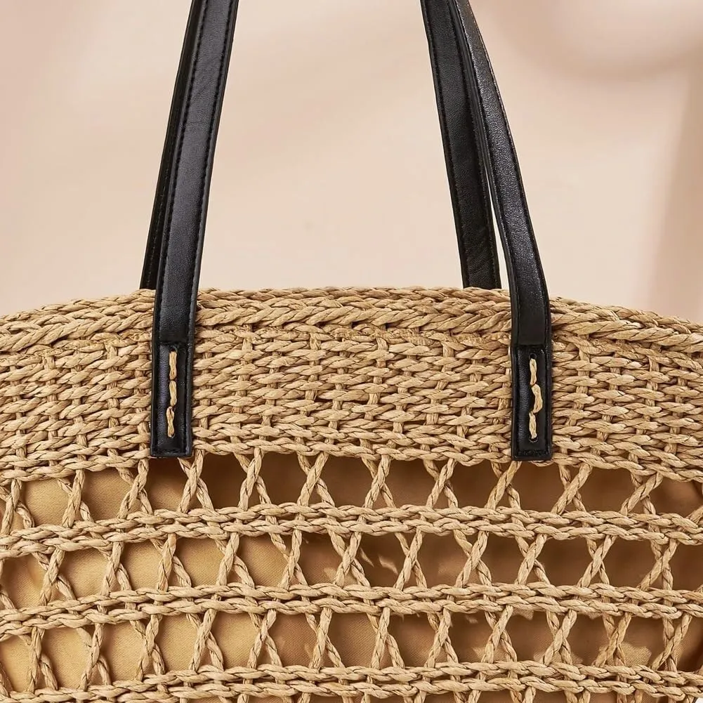 Summer Beach Straw Hand-woven Tote Bags for Women: Top-handle Handbag along with Rattan Tote Clutch Purse