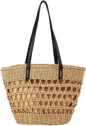 Summer Beach Straw Hand-woven Tote Bags for Women: Top-handle Handbag along with Rattan Tote Clutch Purse