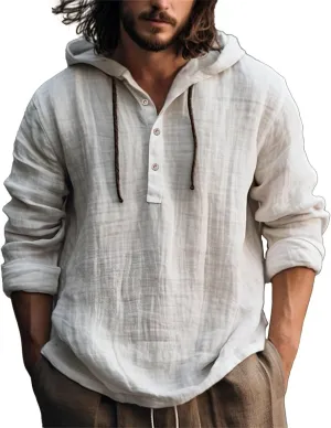 Summer Cotton and Linen Hoodies for Men Solid Fashion Lightweight Shirt Quarter Button V Neck Long Sleeve Drawstring Pullover