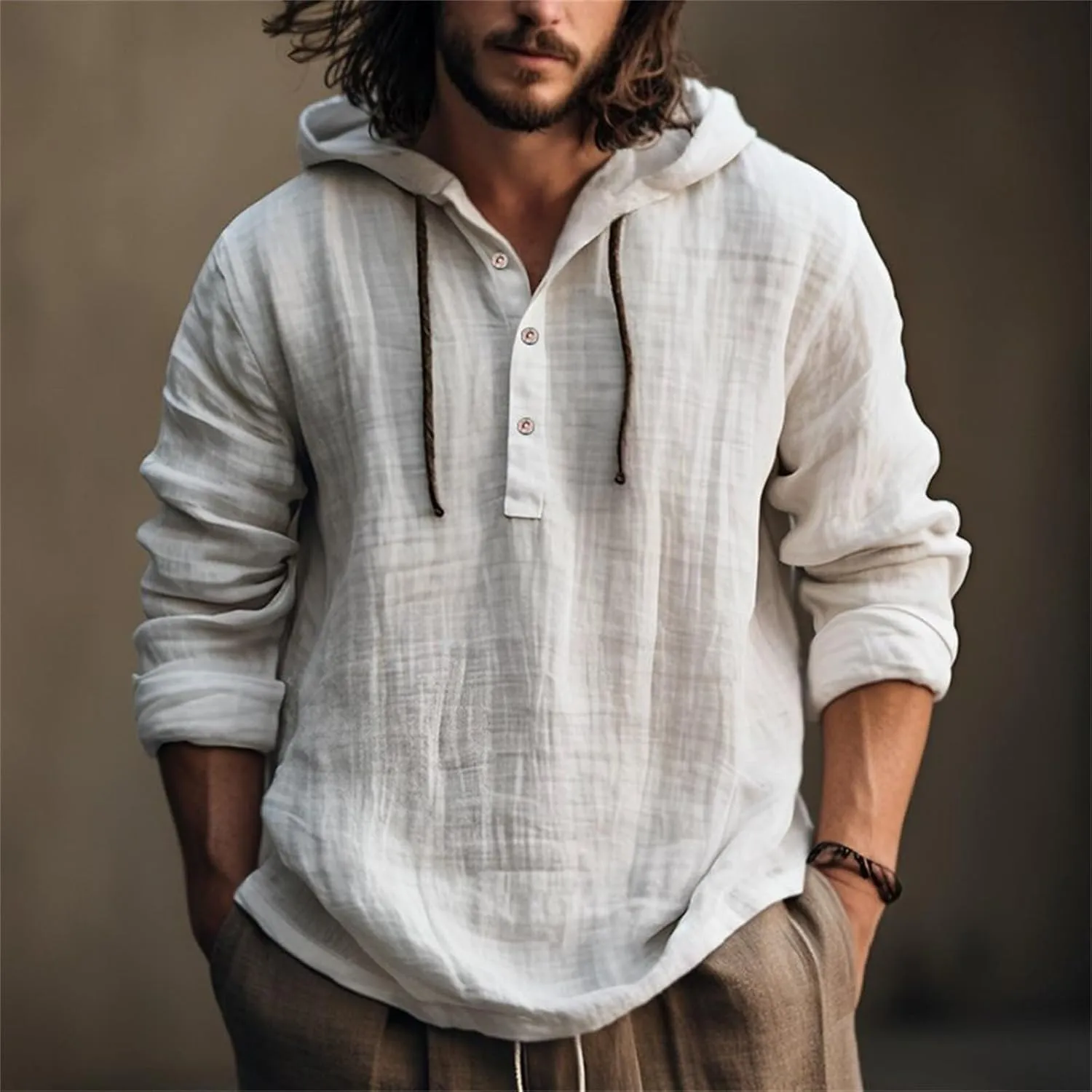 Summer Cotton and Linen Hoodies for Men Solid Fashion Lightweight Shirt Quarter Button V Neck Long Sleeve Drawstring Pullover