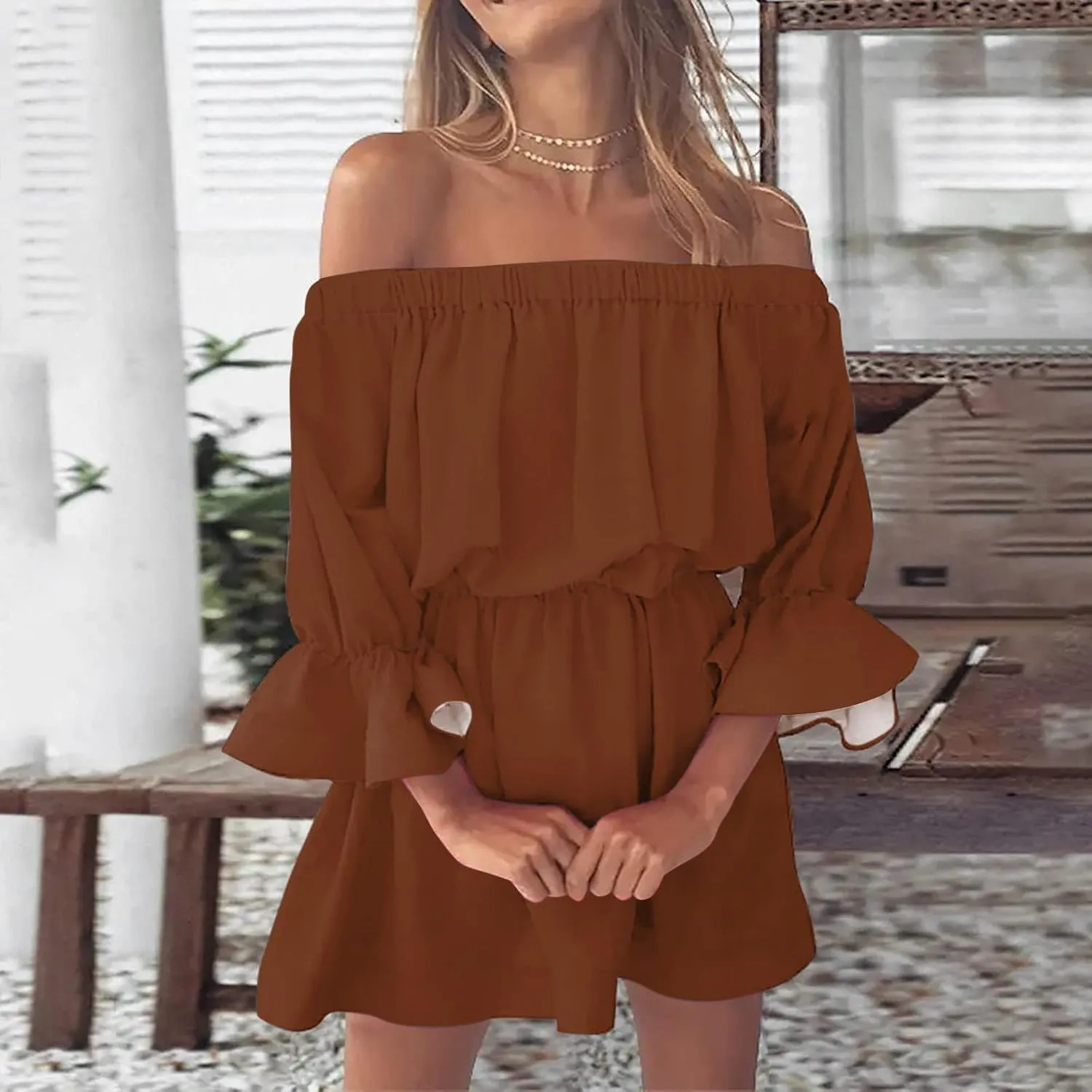 Summer Dresses for Women 2024 Off The Shoulder Ruffle Mini Dress Elastic Waist Long Sleeve Swing Boho Sun Dress