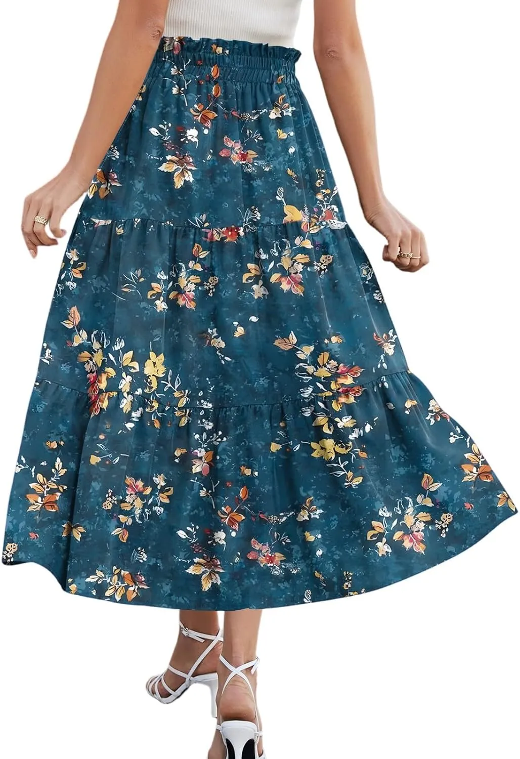 Summer Skirt for Women Comfy Tiered Elastic High Waisted Floral Maxi Skirts Vacation A-Line Flowy Swing Long Skorts