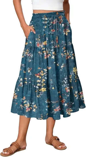 Summer Skirt for Women Comfy Tiered Elastic High Waisted Floral Maxi Skirts Vacation A-Line Flowy Swing Long Skorts