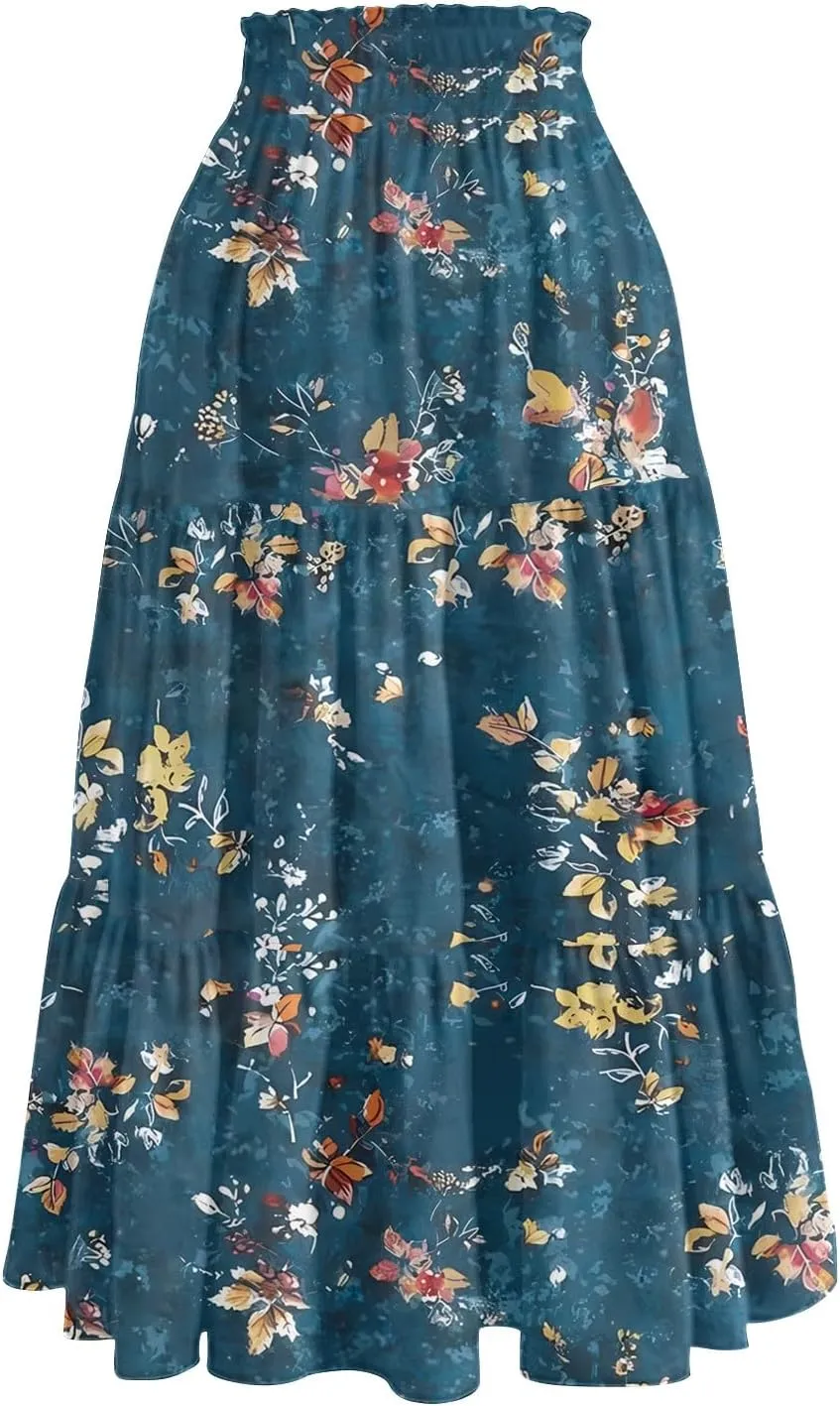 Summer Skirt for Women Comfy Tiered Elastic High Waisted Floral Maxi Skirts Vacation A-Line Flowy Swing Long Skorts