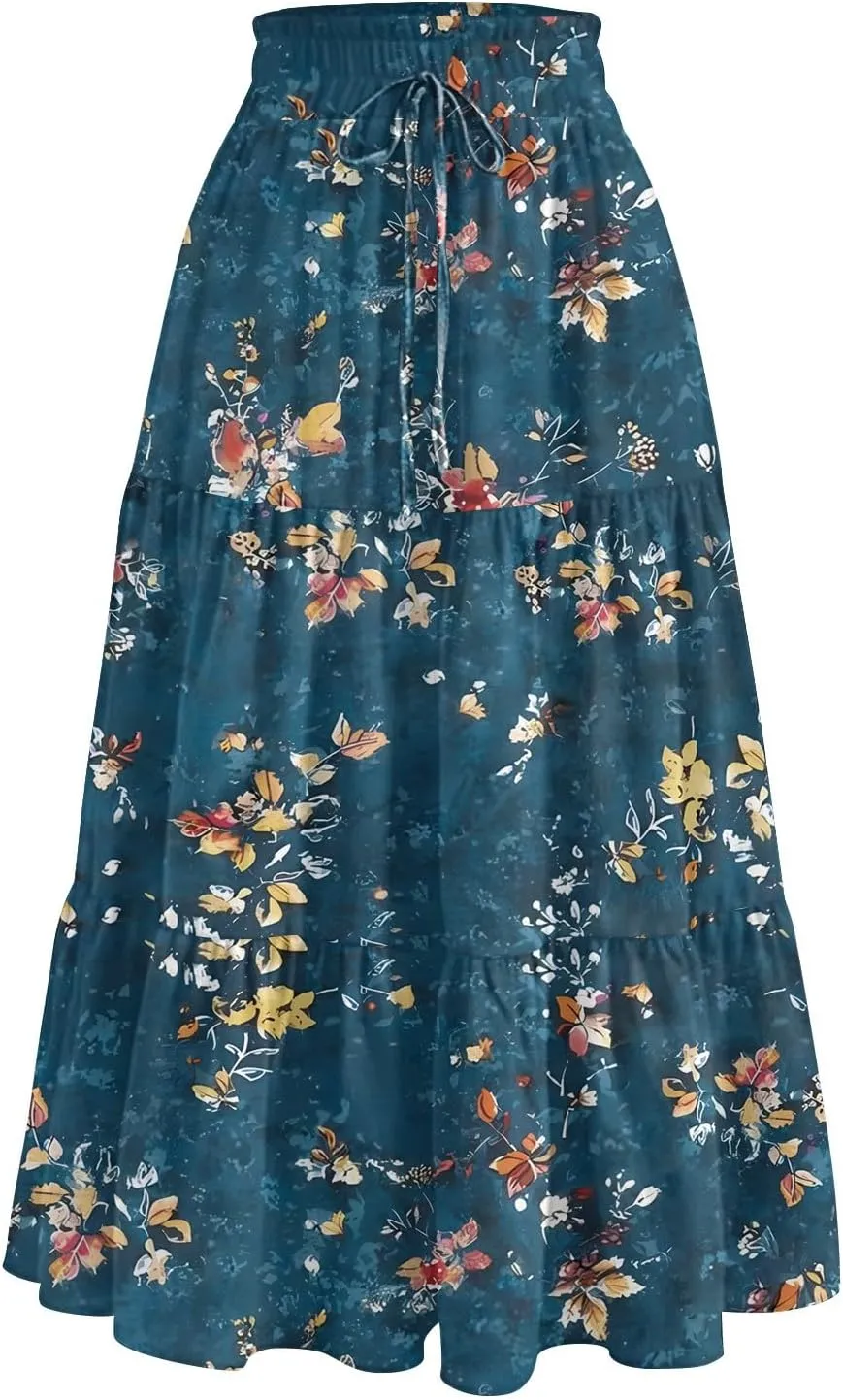 Summer Skirt for Women Comfy Tiered Elastic High Waisted Floral Maxi Skirts Vacation A-Line Flowy Swing Long Skorts