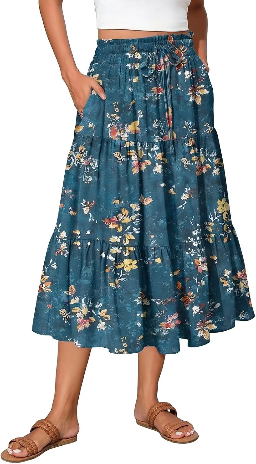 Summer Skirt for Women Comfy Tiered Elastic High Waisted Floral Maxi Skirts Vacation A-Line Flowy Swing Long Skorts