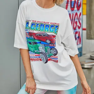 Summer urban leisure loose-fitting white short-sleeved car letter printing bottoming shirt