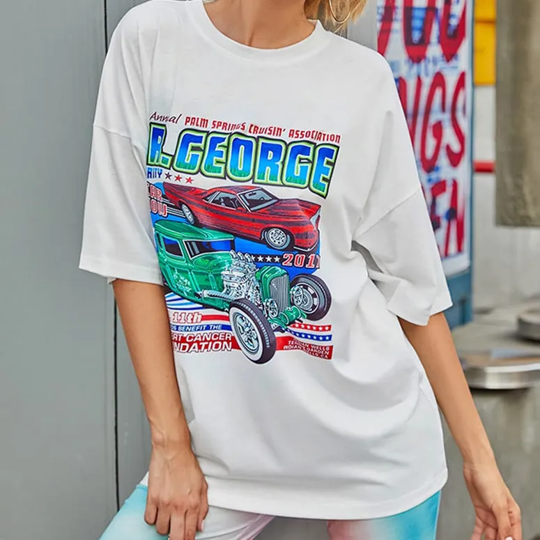 Summer urban leisure loose-fitting white short-sleeved car letter printing bottoming shirt