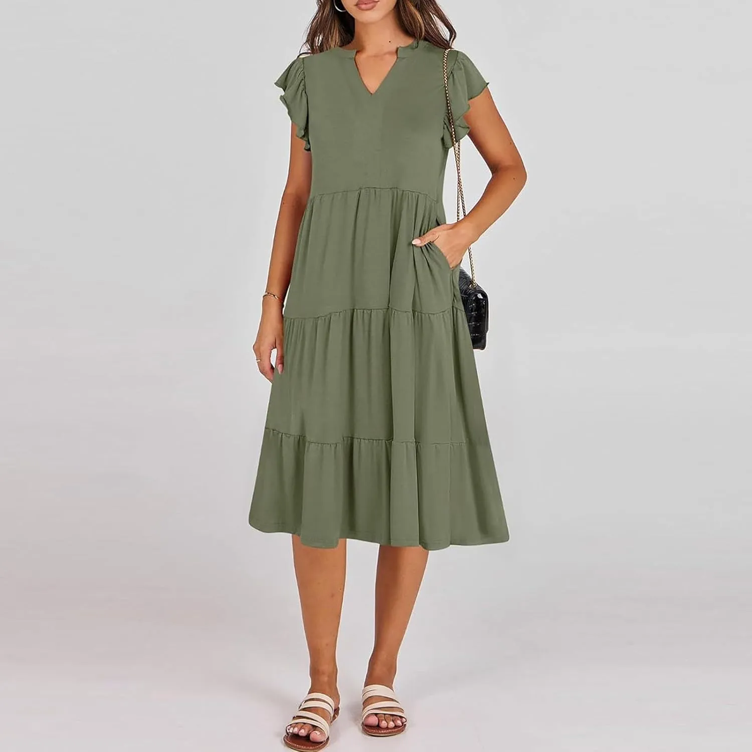 Sundresses for Women 2024 Flowy Cap Sleeve Tiered Ruffle Beach Dress Casual Summer Boho V Neck Midi Dress with Pocket