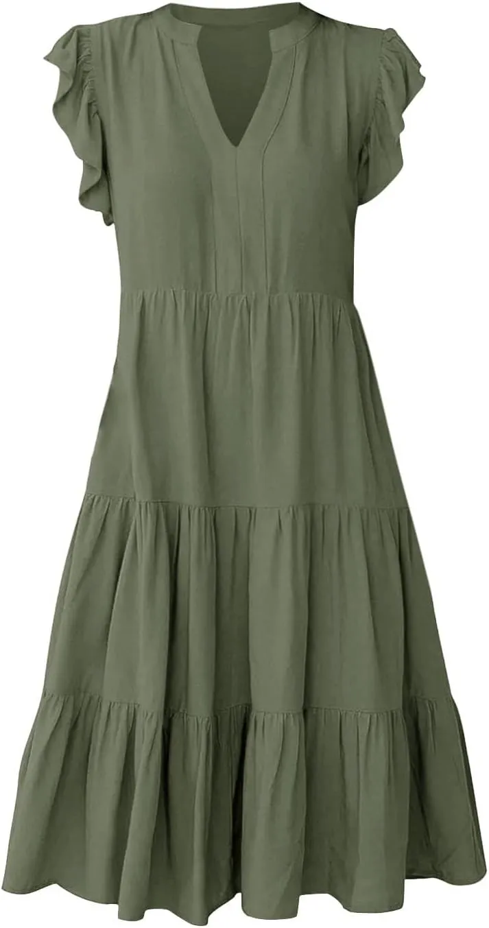 Sundresses for Women 2024 Flowy Cap Sleeve Tiered Ruffle Beach Dress Casual Summer Boho V Neck Midi Dress with Pocket
