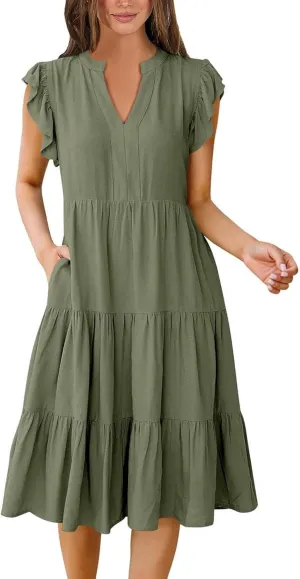Sundresses for Women 2024 Flowy Cap Sleeve Tiered Ruffle Beach Dress Casual Summer Boho V Neck Midi Dress with Pocket