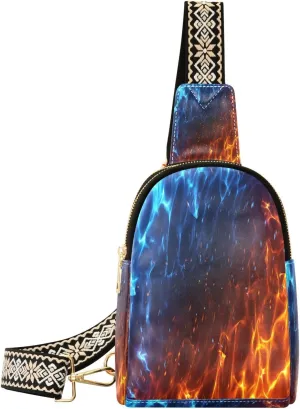 Swirling Blue Red Flame Fanny Pack Crossbody PC Leather Small Sling Bag for Women Fashion Waist Packs Chest Bag for Travel Sports Running Hiking