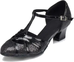 TDA Womens Mid Heel Black PU Leather Salsa Tango Ballroom Latin Party Dance Shoes CM101 9.5 M US