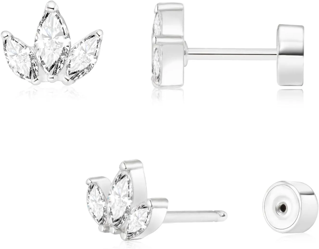 Threadless Flat Back Earrings, Hypoallergenic 14K Real Gold Plated CZ Leaf Stud Earrings | Cartilage Earring | Tragus Helix Piercing Jewelry | Push in Flatback Earrings for Women
