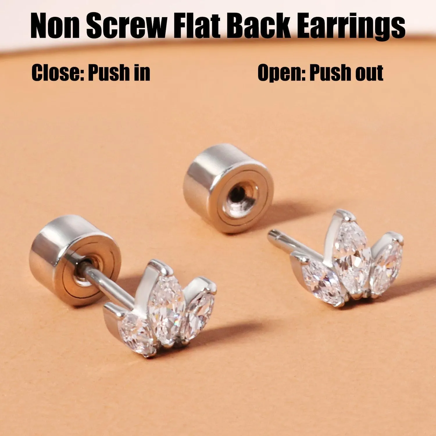 Threadless Flat Back Earrings, Hypoallergenic 14K Real Gold Plated CZ Leaf Stud Earrings | Cartilage Earring | Tragus Helix Piercing Jewelry | Push in Flatback Earrings for Women