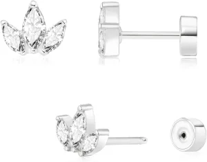 Threadless Flat Back Earrings, Hypoallergenic 14K Real Gold Plated CZ Leaf Stud Earrings | Cartilage Earring | Tragus Helix Piercing Jewelry | Push in Flatback Earrings for Women