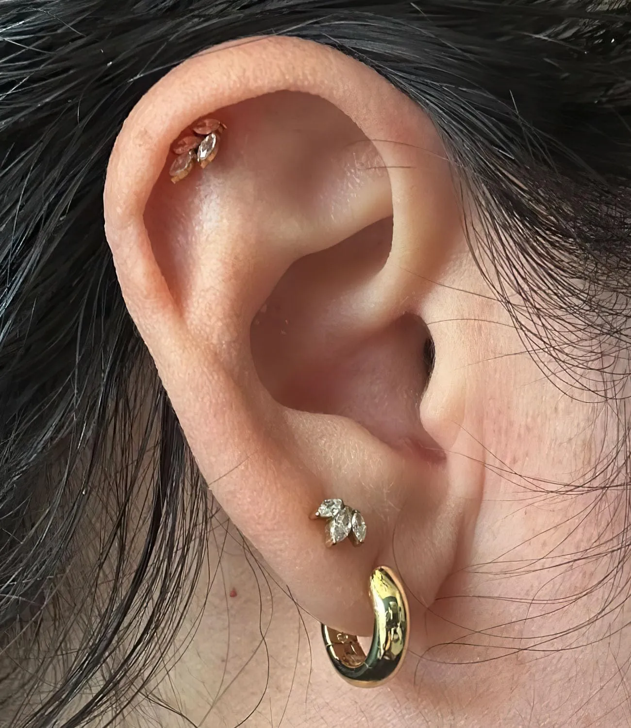 Threadless Flat Back Earrings, Hypoallergenic 14K Real Gold Plated CZ Leaf Stud Earrings | Cartilage Earring | Tragus Helix Piercing Jewelry | Push in Flatback Earrings for Women