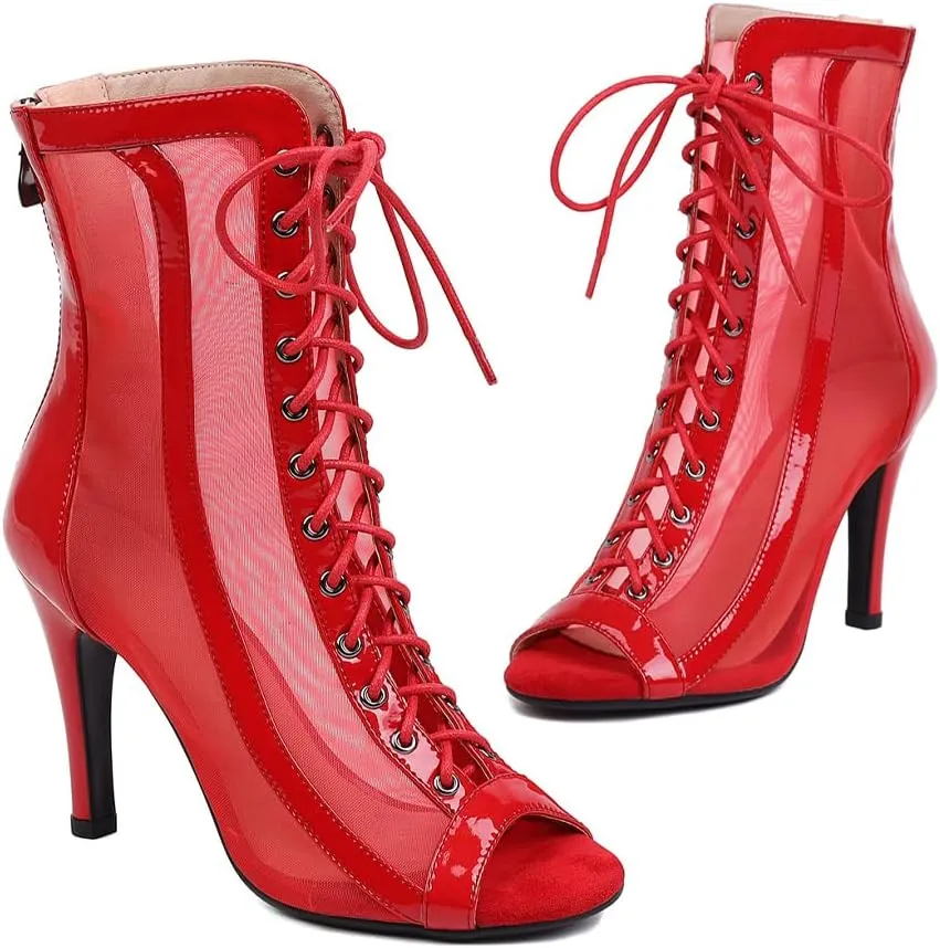 TINRYMX Women's Open Toe Ankle Latin Dance Boots Salsa Ballrooom Performence Practice Party Dance Shoes, Model-DS953