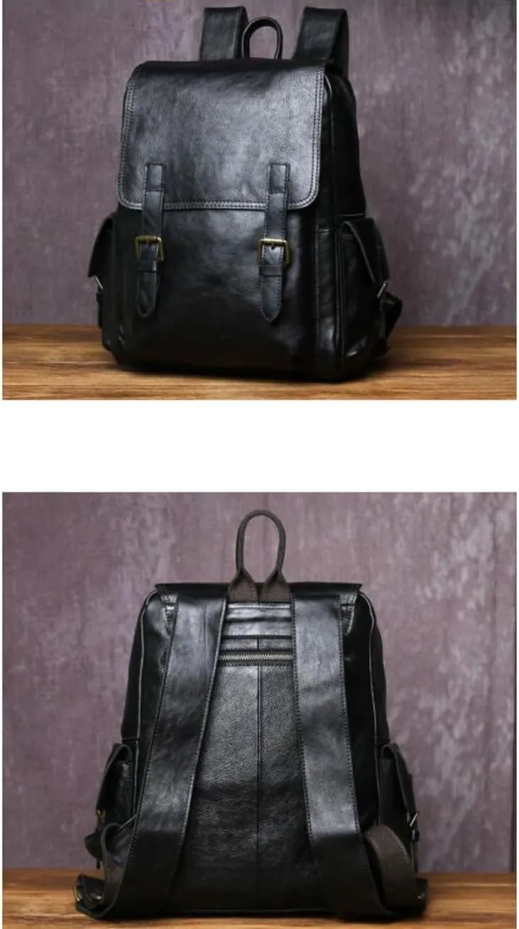 Travel Bags Genuine Leather Backpacks Mens Laptop Bags Computers Bags Casual Daypack Briefcases 13.4Inch(Black)