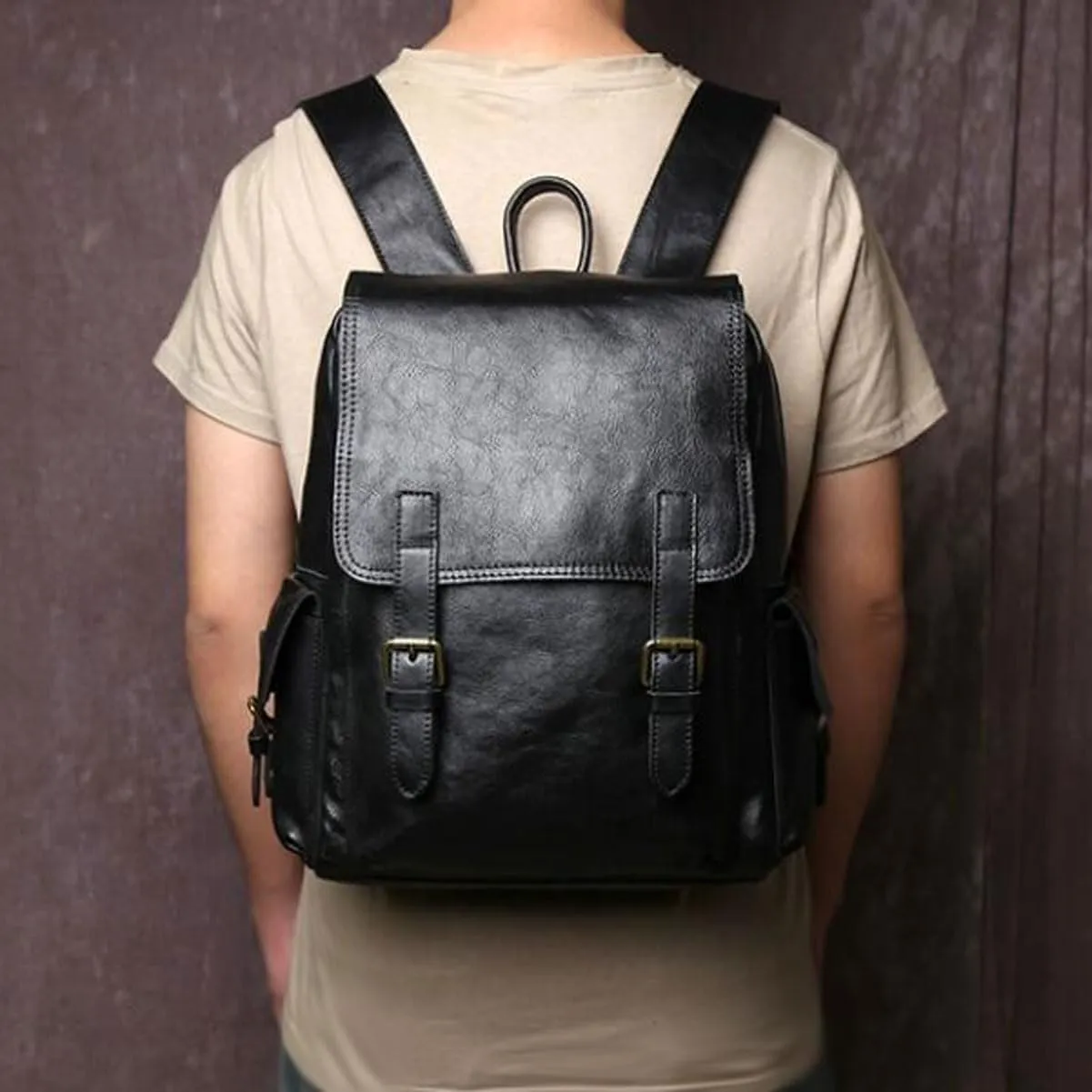 Travel Bags Genuine Leather Backpacks Mens Laptop Bags Computers Bags Casual Daypack Briefcases 13.4Inch(Black)