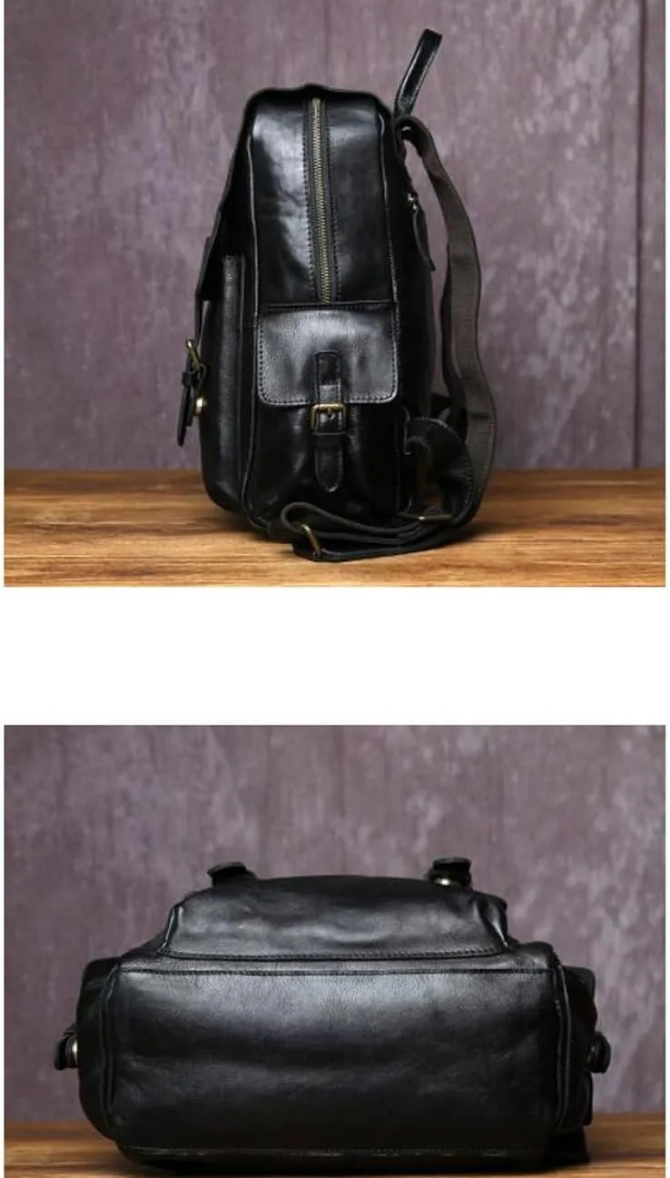 Travel Bags Genuine Leather Backpacks Mens Laptop Bags Computers Bags Casual Daypack Briefcases 13.4Inch(Black)