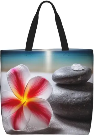 Tropical Flower and Zen Stone Tote Bag for Women Hobo Handbags with Zipper Large Shoulder Bag Shopping Bags Travel Purse