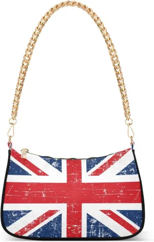 Uk British Flag Shoulder Handbags for Women Travel Hobo Tote Handbag Women Gold Chain Shoulder Bags Purse with Zipper Closure
