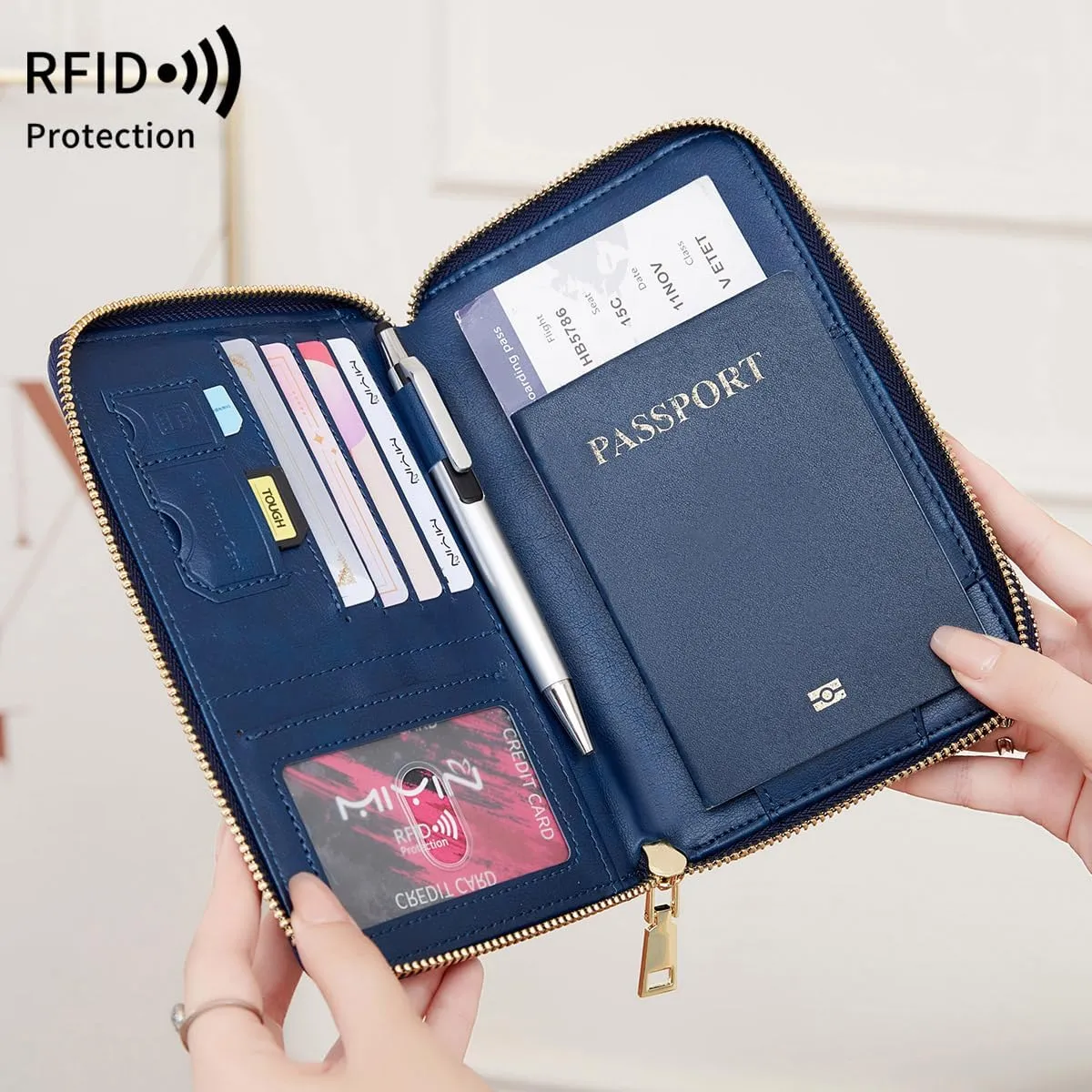 US-B Passport Wallet, RFID Blocking Passport Holder Large Capacity, Lightweight PU Document Organizer for Women (Royal Blue)