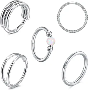 VCMART 18g Nose Rings for Women Stainless Steel Opal Clicker Hinged Hoops & Threadless Flat Back Studs Earrings Cartilage Helix Tragus Nose Nostril Piercing Jewelry 18 Gauge Silver Gold