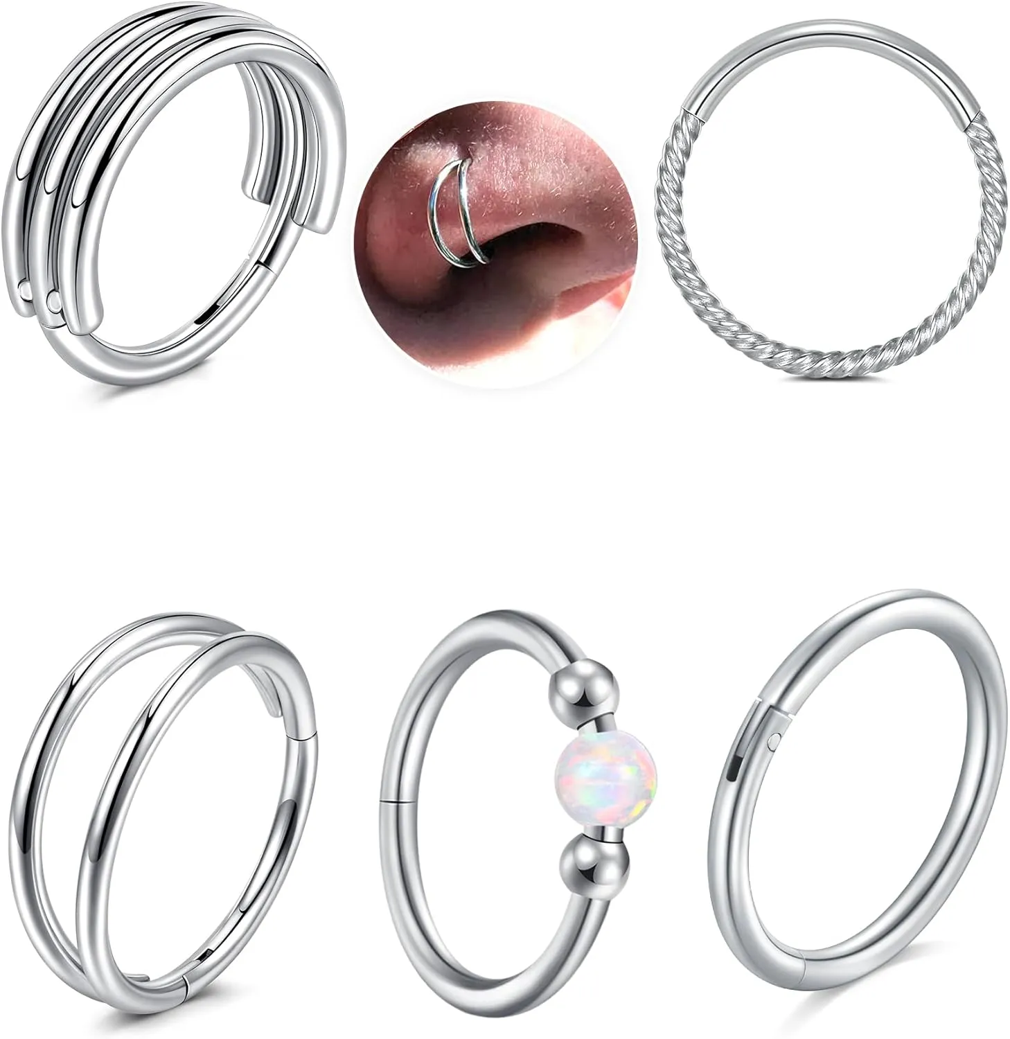 VCMART 18g Nose Rings for Women Stainless Steel Opal Clicker Hinged Hoops & Threadless Flat Back Studs Earrings Cartilage Helix Tragus Nose Nostril Piercing Jewelry 18 Gauge Silver Gold